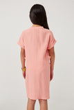 GK1021 CORAL Girls Textured Button Detailed Mandarin Collar Dress Back