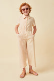 GK1035 BEIGE Girls Print Block Collared Button Up Jumpsuit Full Body