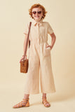 GK1035 BEIGE Girls Print Block Collared Button Up Jumpsuit Full Body 2