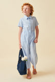 GK1035 BLUE Girls Print Block Collared Button Up Jumpsuit Full Body