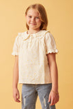 GK1037 Cream Girls Textured Floral Lace Peter Pan Collar Top Front 2