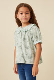 GK1037 Sage Girls Textured Floral Lace Peter Pan Collar Top Front