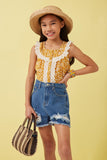 GK1052 Mustard Girls Lace Detailed Ditsy Print Buttoned Tank Full Body 2