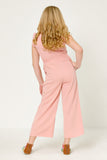 GK1069 PINK Girls Ruffled Placket Wideleg Sleeveless Jumpsuit Back