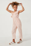 GK1100 Pink Girls Lace Trim Ruffled One Shoulder Geometric Print Jumpsuit Pose