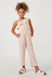 GK1100 Pink Girls Lace Trim Ruffled One Shoulder Geometric Print Jumpsuit Full Body