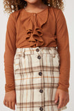 GK1154 BROWN Girls Ruffle Front Buttoned Ribbed Knit Top Detail