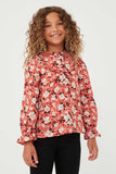 GK1171 RUST Girls Floral Print Ruffled Collar Top Front