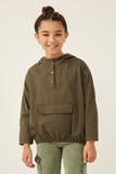 GK1211 Olive Girls Buttoned Cargo Pocket Hooded Top Front