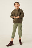 GK1211 Olive Girls Buttoned Cargo Pocket Hooded Top Full Body