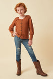 Girls Exaggerated Cuff Button Detail Ribbed Knit Top Pose