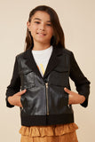 GK1290 Black Girls Mixed Media Zipper Detail Biker Jacket Front