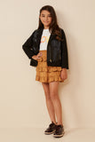 GK1290 Black Girls Mixed Media Zipper Detail Biker Jacket Full Body