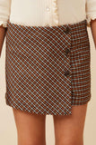 GK1299 BROWN Girls Button Detail Brushed Checkered Skort Front