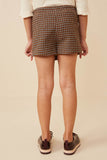 GK1299 BROWN Girls Button Detail Brushed Checkered Skort Back