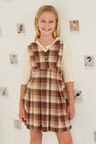 GK1305 Brown Girls Button Detail V Neck Brushed Plaid Skirtall Front