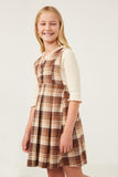 GK1305 Brown Girls Button Detail V Neck Brushed Plaid Skirtall Side