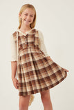 GK1305 Brown Girls Button Detail V Neck Brushed Plaid Skirtall Pose