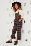 GK1310 NAVY Girls Button Detail Brushed Plaid Overalls Full Body