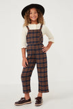 GK1310 NAVY Girls Button Detail Brushed Plaid Overalls Full Body 2