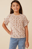 GK1350 BEIGE Girls Floral Print Velvet Knit Ruffle Sleeve Top Front