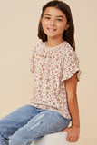 GK1350 BEIGE Girls Floral Print Velvet Knit Ruffle Sleeve Top Side