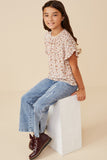 GK1350 BEIGE Girls Floral Print Velvet Knit Ruffle Sleeve Top Pose