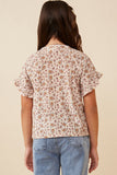 GK1350 BEIGE Girls Floral Print Velvet Knit Ruffle Sleeve Top Back