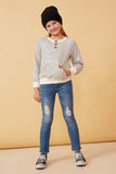 GK1361 Ivory Girls Striped Kangaroo Pocket Knit Long Sleeve Henley Full Body