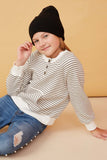 GK1361 Ivory Girls Striped Kangaroo Pocket Knit Long Sleeve Henley Pose