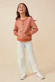 GK1361 Rust Girls Striped Kangaroo Pocket Knit Long Sleeve Henley Full Body