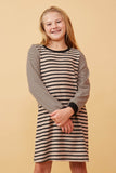 GK1362 Taupe Girls Stripe Blocked Button Detail Knit Shift Dress Front