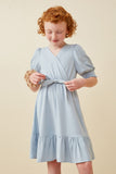 GK1366 Blue Girls Belted Smocked Cuff Surplice Dress Front