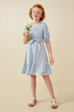 GK1366 Blue Girls Belted Smocked Cuff Surplice Dress Full Body