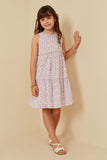 GK1367 Purple Girls Ditsy Floral Ruffle Neck Tiered Tank Dress Full Body