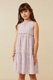 GK1367 Purple Girls Ditsy Floral Ruffle Neck Tiered Tank Dress Front 2