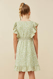 GK1371 Green Girls Floral Print Ruffled V Neck Smock Waist Dress Back