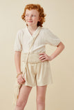 GK1385 Beige Girls Smocked Detail Relaxed Shorts Full Body