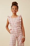 GK1387 Pink Girls Plaid Button Back Ruffled Sleeveless Jumpsuit Front