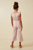 GK1387 Pink Girls Plaid Button Back Ruffled Sleeveless Jumpsuit Back