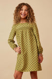 GK1405 Olive Girls Smocked Detail Polka Dot Long Sleeve Dress Front