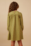 GK1405 Olive Girls Smocked Detail Polka Dot Long Sleeve Dress Back