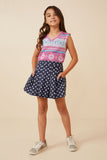 GK1407 Navy Girls Polka Dot Knit Flare Skirt Full Body