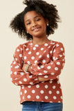 GK1408 Rust Girls Polka Dot Knit Balloon Sleeve Top Front