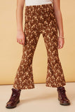 GK1430 BROWN Girls Floral Print Corduroy Bell Bottoms Pants Front