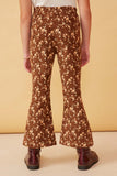 GK1430 BROWN Girls Floral Print Corduroy Bell Bottoms Pants Back