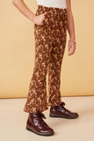 GK1430 BROWN Girls Floral Print Corduroy Bell Bottoms Pants Side