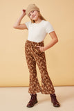 GK1430 BROWN Girls Floral Print Corduroy Bell Bottoms Pants Full Body