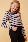 GK1436 NAVY Girls Contrast Neck Band Striped Knit Top Side