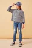 GK1437 Navy Girls Striped Contrast Banded Raglan Knit Top Full Body